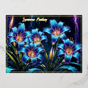 Glowing blue lilies night vibrant floral fantasy foil holiday postcard