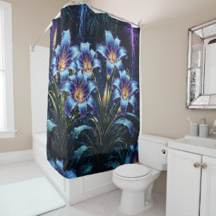 Glowing blue lilies night vibrant floral fantasy shower curtain