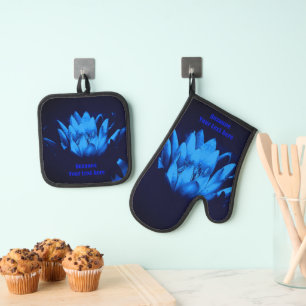Glowing Blue Lotus Lily Flower Personalised Oven Mitt & Pot Holder Set