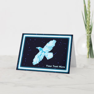 Glowing Blue Raven On Stars Holiday Card