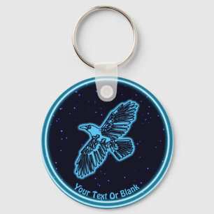 Glowing Blue Raven On Stars Key Ring