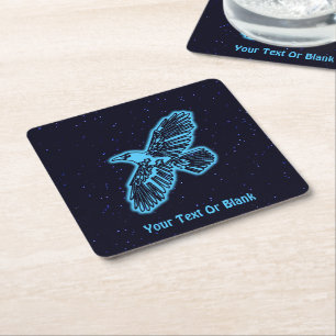 Glowing Blue Raven On Stars Square Paper Coaster
