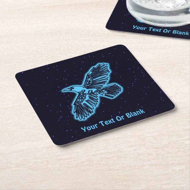Glowing Blue Raven On Stars Square Paper Coaster (Angled)