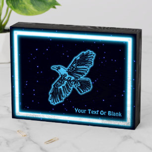 Glowing Blue Raven On Stars Wooden Box Sign
