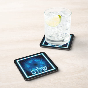 Glowing Blue Shalom On Etched Star of David Coaster