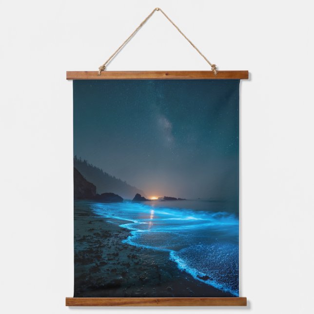 Glowing Blue Shoreline Sunset Tapestry (Front)
