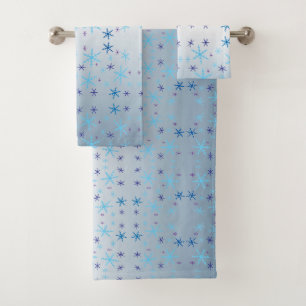Glowing Blue Snowflake Pattern Set of Bath Towels
