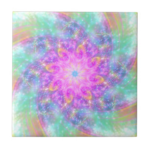 Glowing Bright Lights Colorful Spiral Mandala Art Ceramic Tile