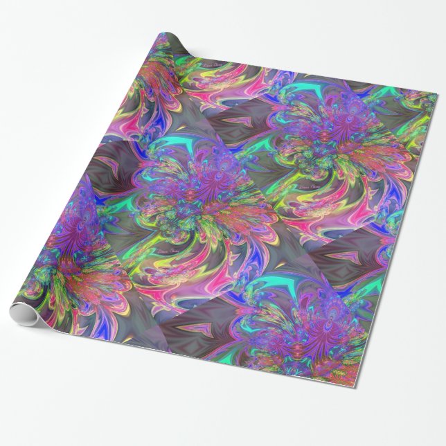 Glowing Burst of Colour, Abstract Teal Violet Deva Wrapping Paper (Unrolled)