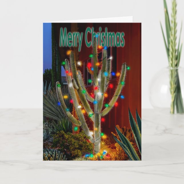 Glowing Christmas Cactus with Merry Christmas Holiday Card (Front)
