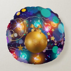 Glowing Christmas Lights Bokeh Golden Ornament Round Cushion