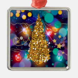 Glowing Christmas Lights Bokeh Golden Tree Metal Ornament
