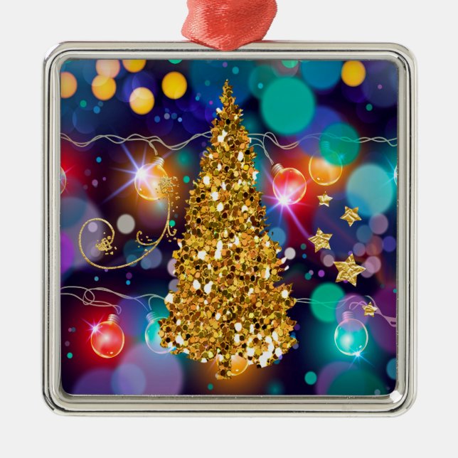 Glowing Christmas Lights Bokeh Golden Tree Metal Ornament (Front)