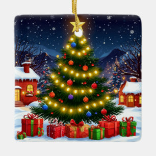 Glowing Christmas Tree In Snowy Village At Night Ceramic Ornament
