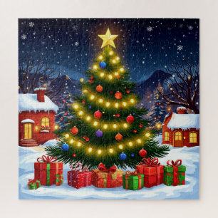 Glowing Christmas Tree In Snowy Village At Night Jigsaw Puzzle