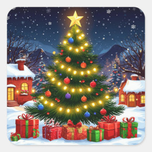Glowing Christmas Tree In Snowy Village At Night Square Sticker