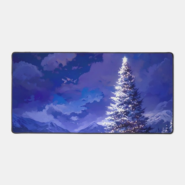 Glowing Christmas Tree Snowy Mountain Landscape Desk Mat (Front)