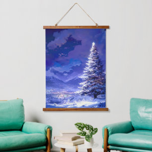 Glowing Christmas Tree Snowy Mountain Landscape Hanging Tapestry