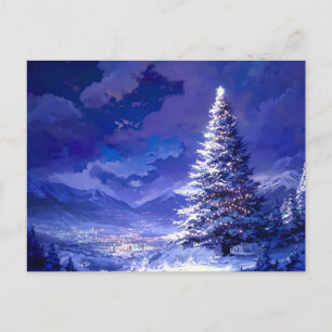 Glowing Christmas Tree Snowy Mountain Landscape Holiday Postcard