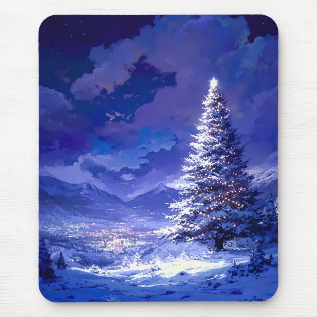 Glowing Christmas Tree Snowy Mountain Landscape Mouse Pad (Front)