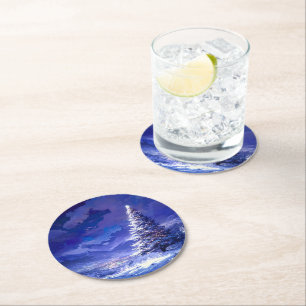 Glowing Christmas Tree Snowy Mountain Landscape Round Paper Coaster