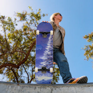 Glowing Christmas Tree Snowy Mountain Landscape Skateboard
