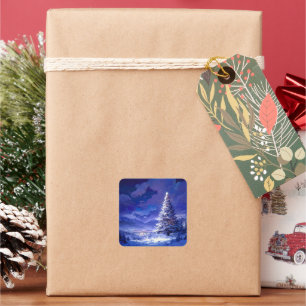 Glowing Christmas Tree Snowy Mountain Landscape Square Sticker