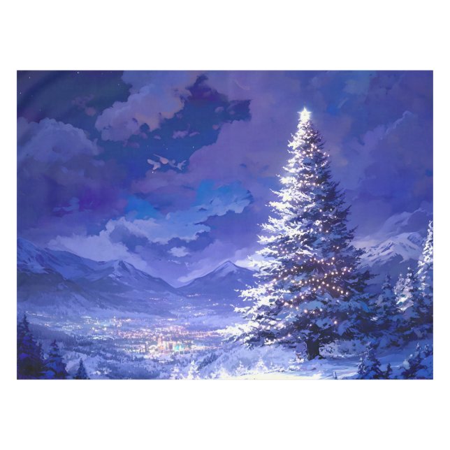 Glowing Christmas Tree Snowy Mountain Landscape Tablecloth (Front (Horizontal))