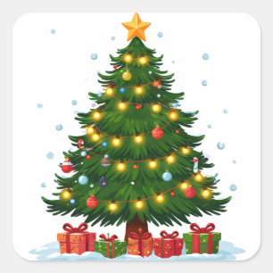 Glowing Christmas Tree With Red Gifts Underneath Square Sticker
