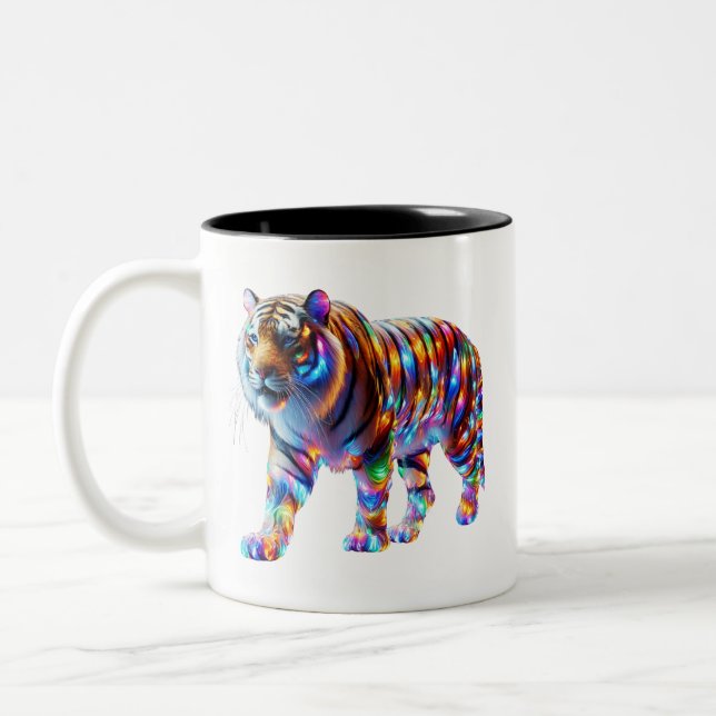 Glowing Colourful Tiger – Vibrant Glassy Art Two-Tone Coffee Mug (Left)
