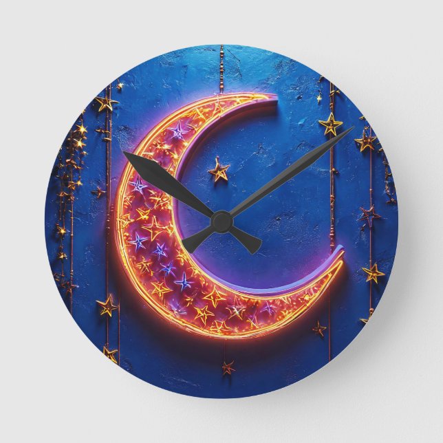 Glowing crescent moon round clock (Front)