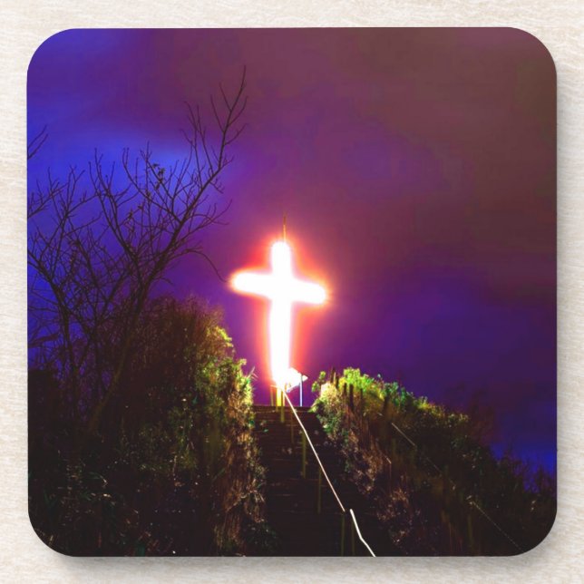Glowing Cross At Night God Loves Coaster (Front)