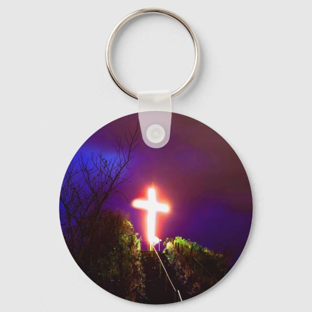Glowing Cross At Night God Loves Key Ring (Front)