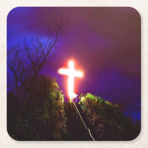 Glowing Cross At Night God Loves Square Paper Coaster
