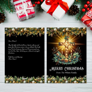 Glowing Cross Black Background Christmas Card