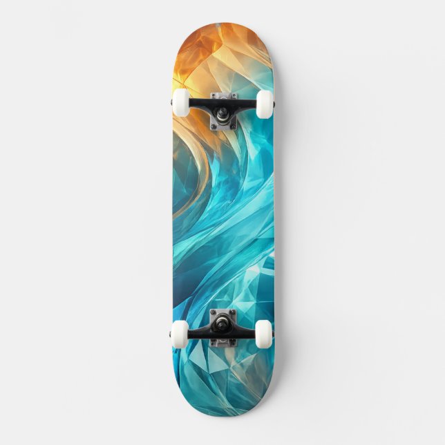 Glowing Cyan Orange Low Poly Wave Skateboard (Front)