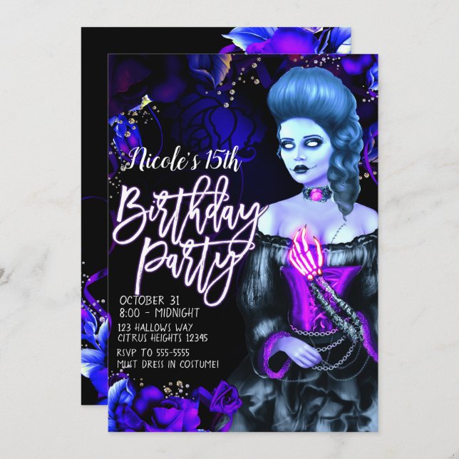 Glowing Dead Girl Purple Roses Birthday Party Invitation (Front/Back)