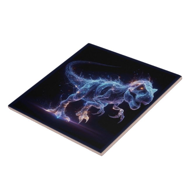 Glowing Dinosaur Roaming in a Starry Background Ceramic Tile (Side)
