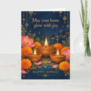 Glowing Diyas Marigold Lotus Happy Diwali Card