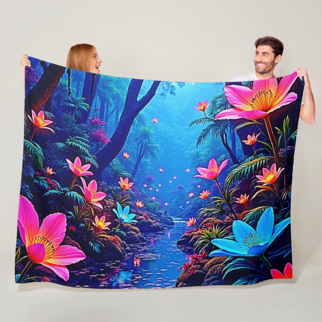 Glowing Ethereal Jungle Oasis Design Fleece Blanket (In Situ)