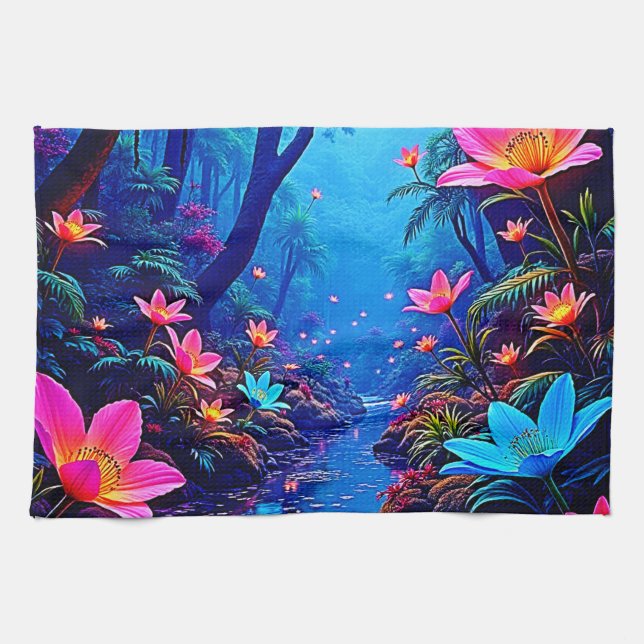 Glowing Ethereal Jungle Oasis Design Tea Towel (Horizontal)