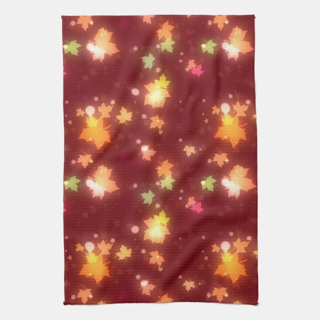 Glowing fall colourful maple leaf brown orange  tea towel (Vertical)