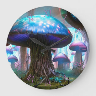 Glowing fantastic mushrooms large clock