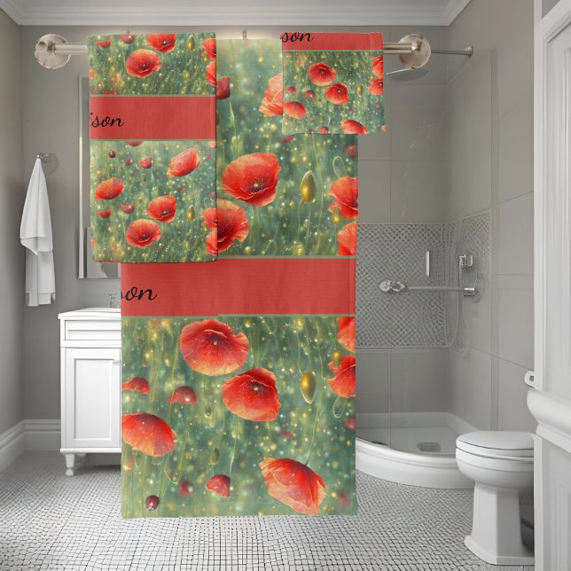 Glowing field of red poppies, personalizable  bath towel set (Creator Uploaded)