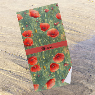 Glowing field of red poppies, personalizable beach towel