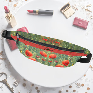 Glowing field of red poppies, personalizable  bum bags