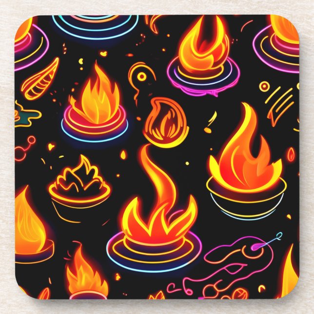 Glowing Flame Icons on Dark Canvas Coaster (Front)