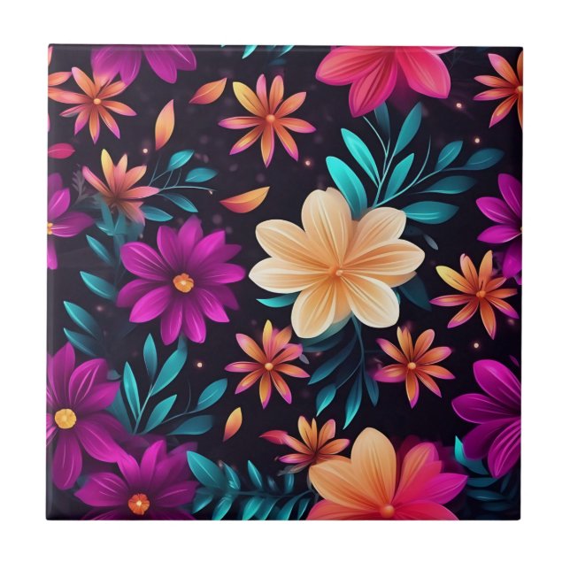 Glowing Floral Pattern with Neon Petals Ceramic Tile (Front)