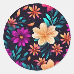 Glowing Floral Pattern with Neon Petals Classic Round Sticker