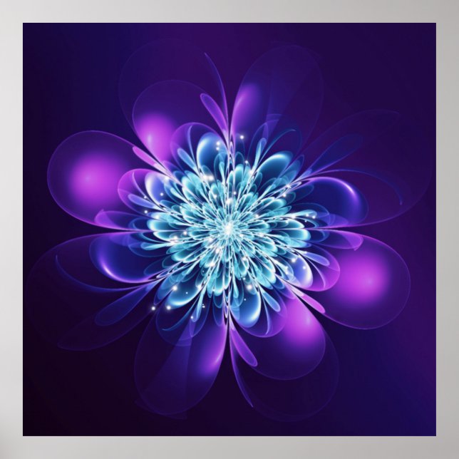 Glowing Flower Fractal Sparkles Indigo Poster (Front)